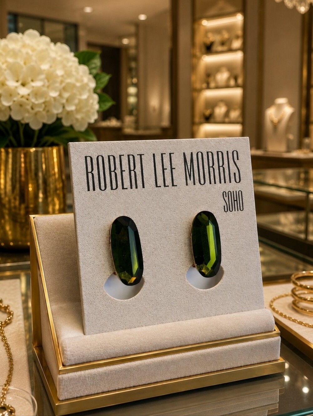 Robert Lee Morris Olive Green Faceted Crystal Vintage Clip Earrings Gold Tone